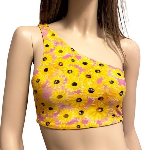 Zara One Shoulder Crop Top Tank Pullover Bralette Bandeau Sunflowers Floral - Picture 8 of 11